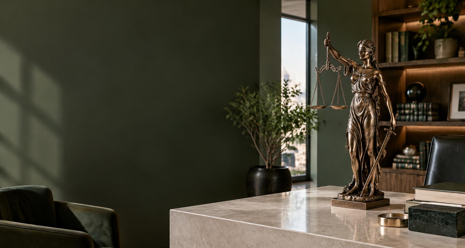 Estátua da Justiça em ambiente de escritório — imagem ilustrativa